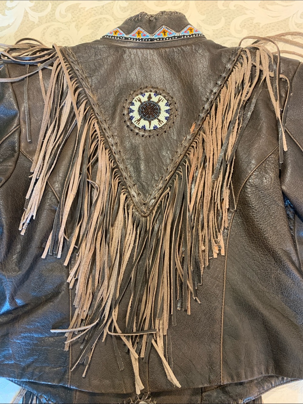 Brown Beaded Fringe Leather fully Lined Jacket with Western Feel - Picture 14 of 15